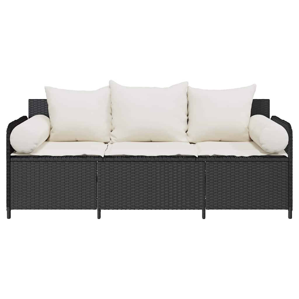 Sodo sofa su pagalvėlėmis, 3 sėdimos vietos, juodas, poliratanas