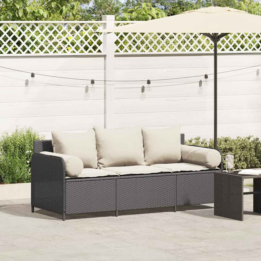Sodo sofa su pagalvėlėmis, 3 sėdimos vietos, juodas, poliratanas