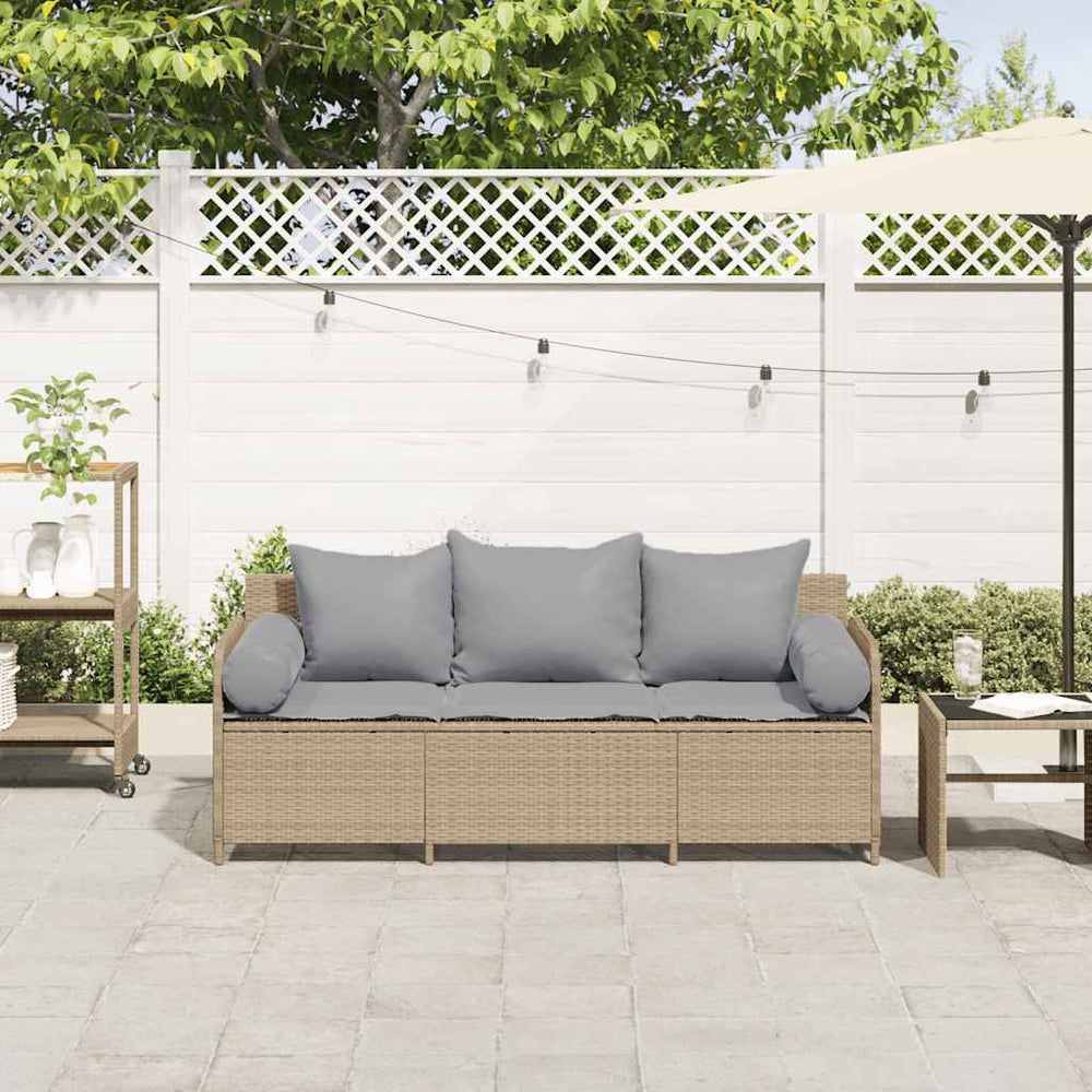 Sodo sofa su pagalvėlėmis, 3 sėdimos vietos, smėlio spalvos, poliratanas