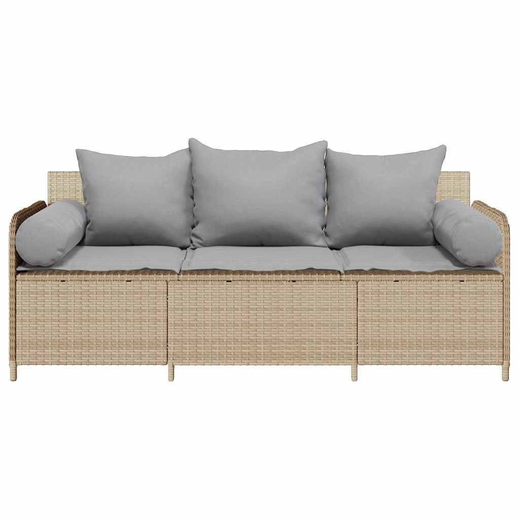 Sodo sofa su pagalvėlėmis, 3 sėdimos vietos, smėlio spalvos, poliratanas