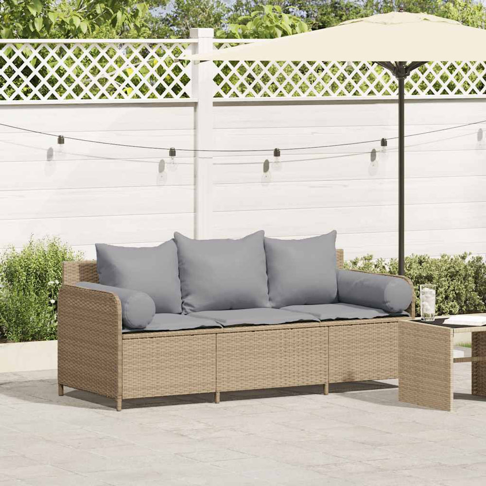 Sodo sofa su pagalvėlėmis, 3 sėdimos vietos, smėlio spalvos, poliratanas