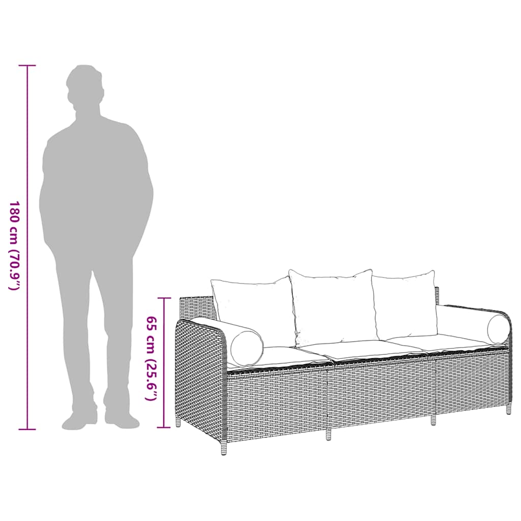 Sodo sofa su pagalvėlėmis, 3 sėdimos vietos, smėlio spalvos, poliratanas