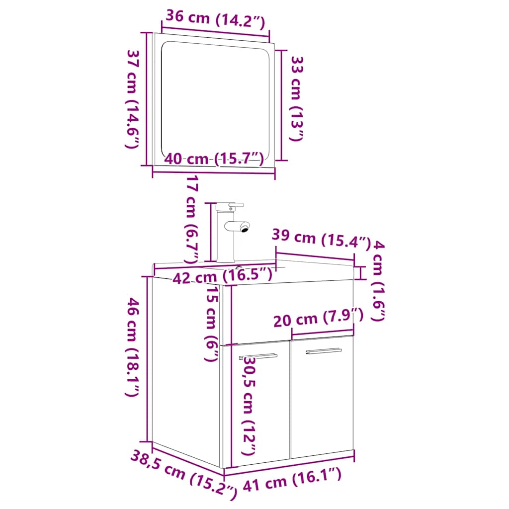 Bathroom furniture set, 3-piece, concrete grey, wood