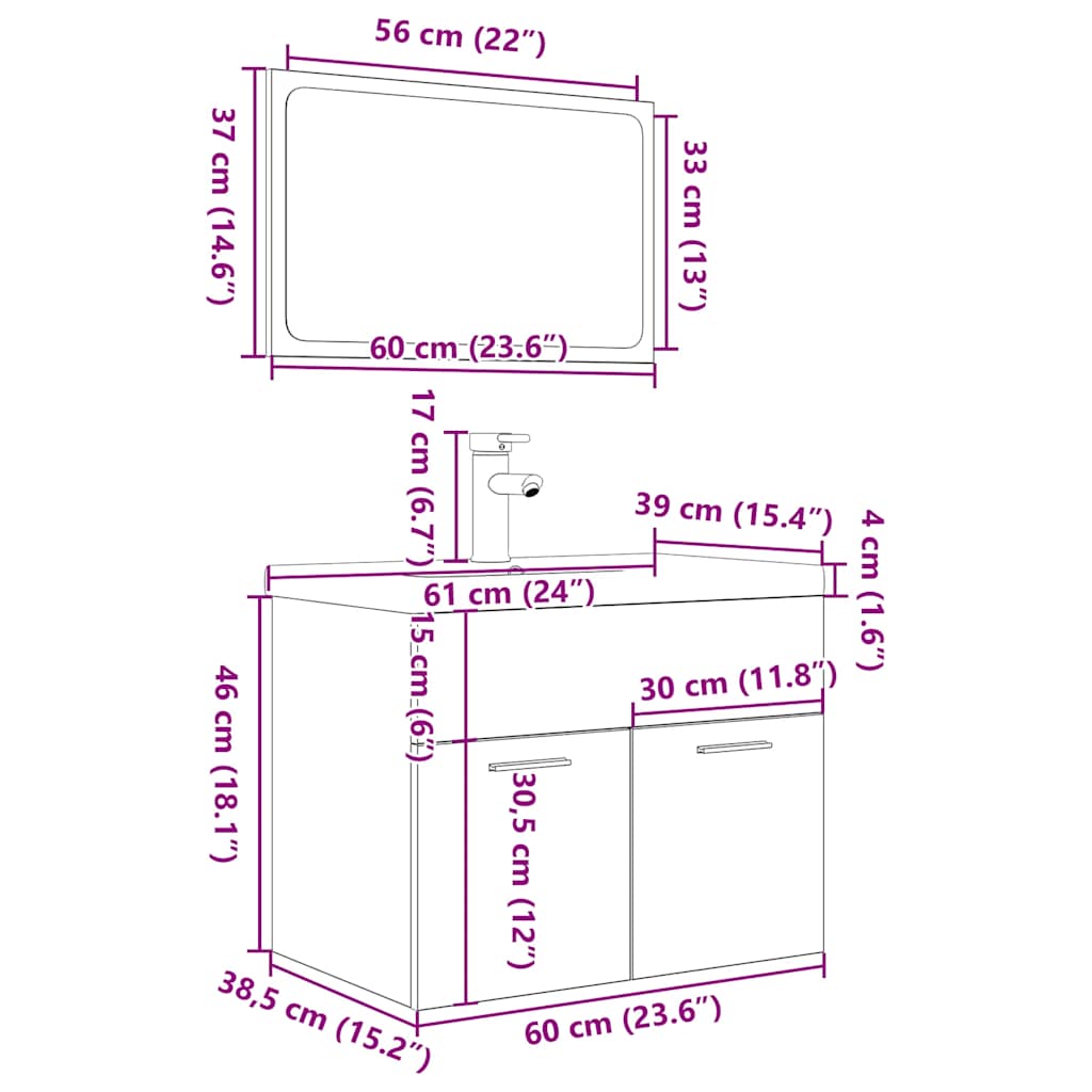 Bathroom furniture set, 3-piece, concrete grey, wood