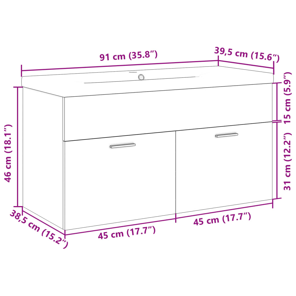 Vanity unit with integrated basin, oak