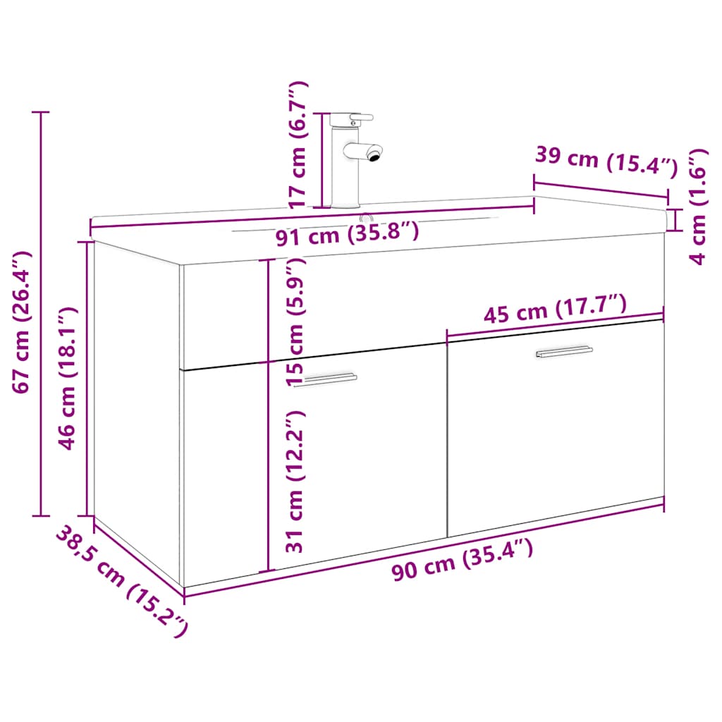Vanity unit with integrated basin, oak