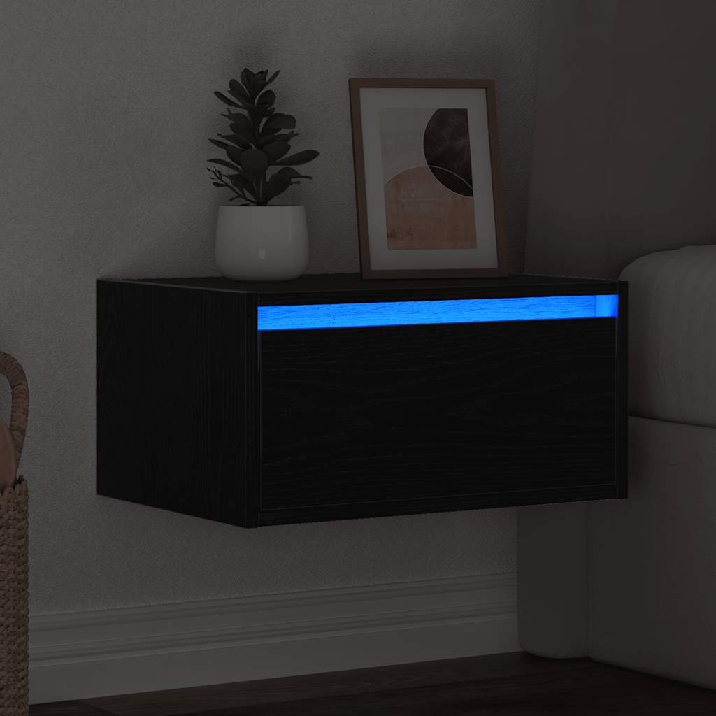 Prie sienos montuojama naktinė spintelė su LED, juodas ąžuolas