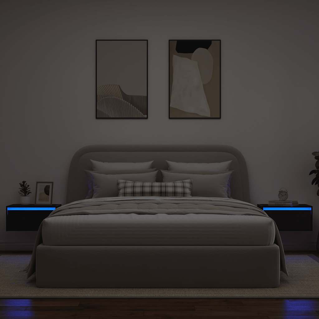 Sieninės naktinės spintelės su LED, 2vnt., juodas ąžuolas