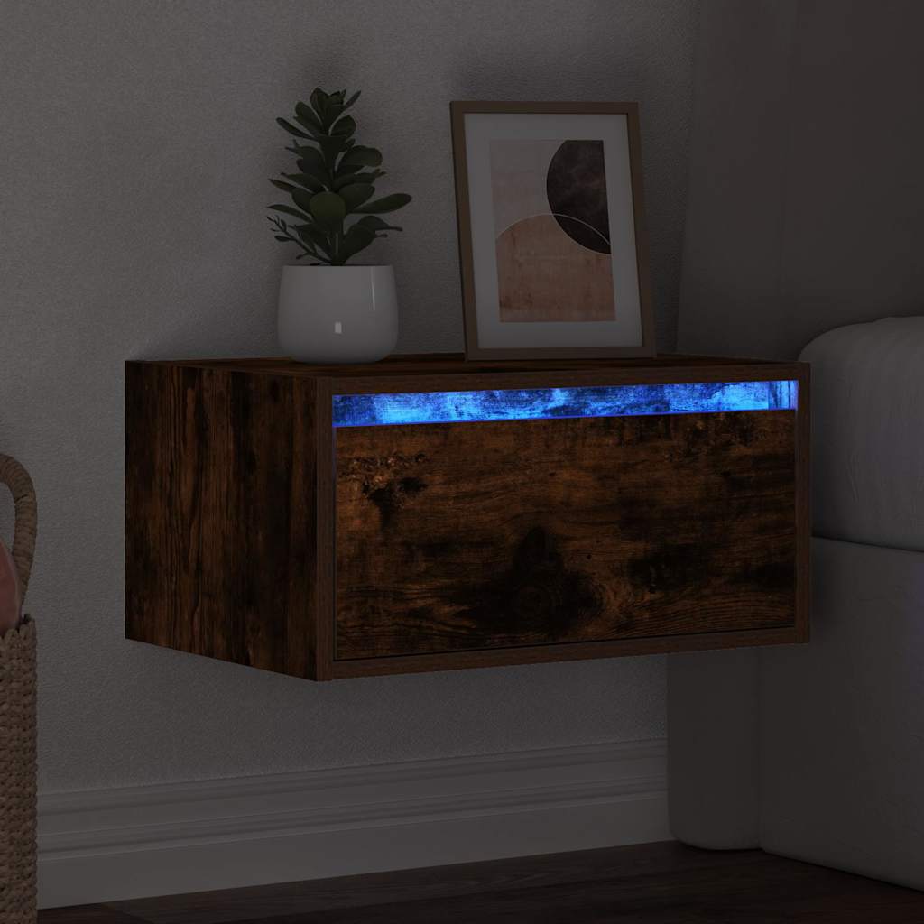 Wall-mounted nightstand with LED, smoked oak
