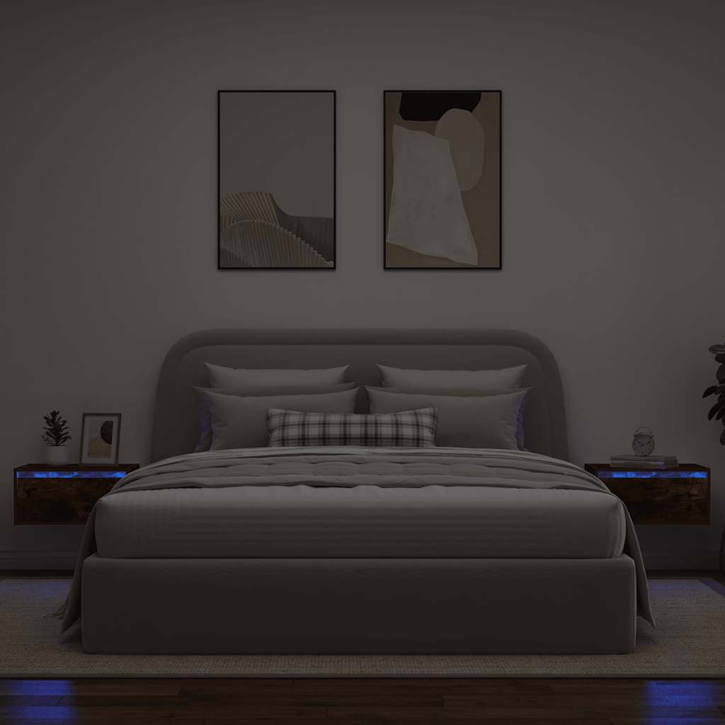 Sieninės naktinės spintelės su LED, 2vnt., dūminio ąžuolo