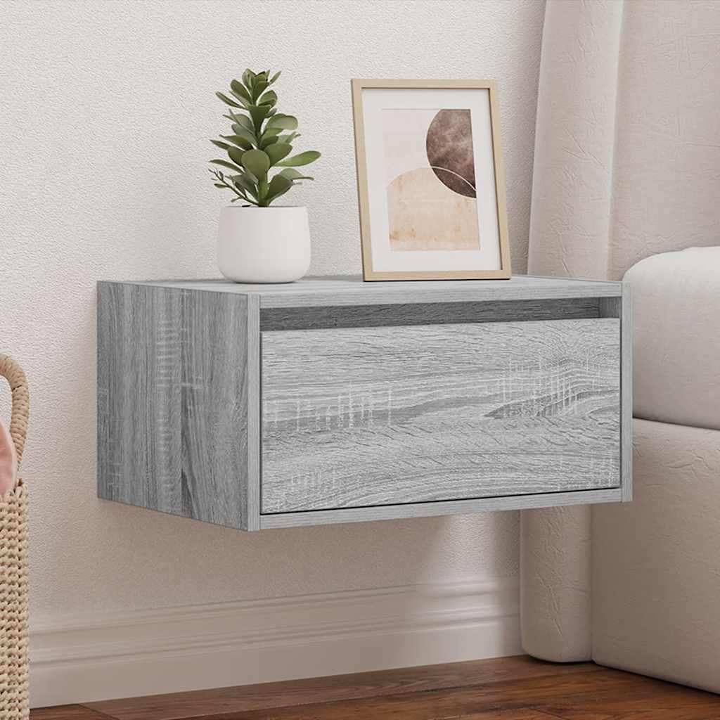 Wall mounted bedside table with LED, grey oak