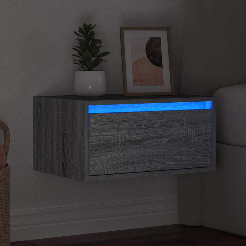 Wall mounted bedside table with LED, grey oak