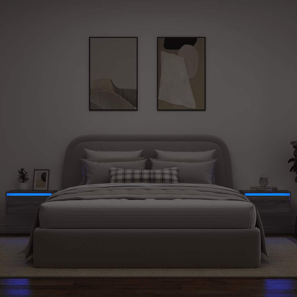 Sieninės naktinės spintelės su LED, 2vnt., pilkos ąžuolo
