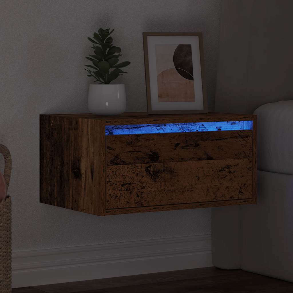 Wall-mounted nightstand with LED, old wood