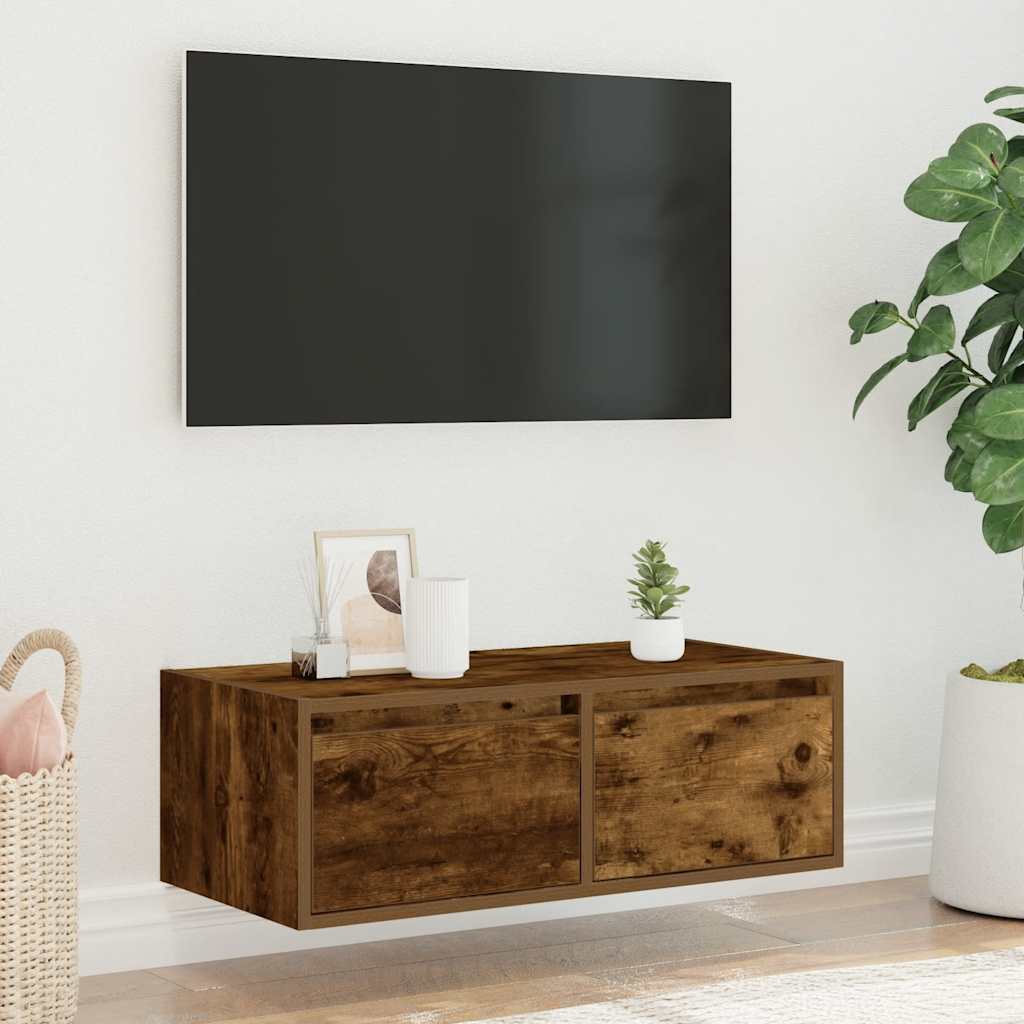 Televizoriaus spintelė su LED, dūminio ąžuolo, 75x35,5x25 cm