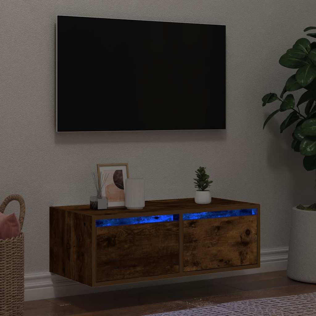 Televizoriaus spintelė su LED, dūminio ąžuolo, 75x35,5x25 cm