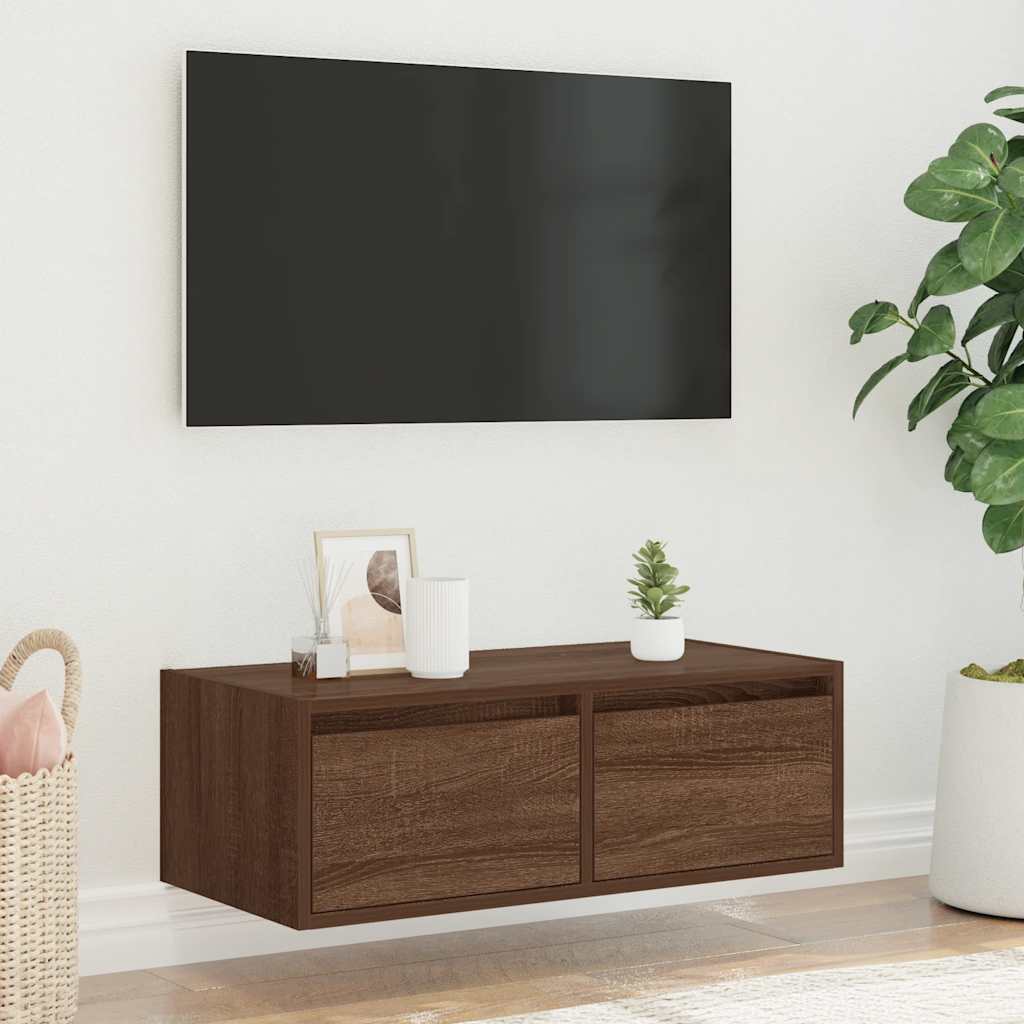 TV Cabinet with LED Lights, Brown Oak, 75x35.5x25 cm