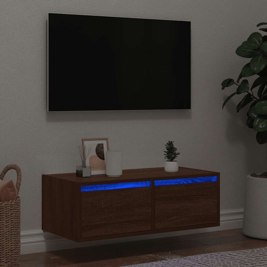 TV Cabinet with LED Lights, Brown Oak, 75x35.5x25 cm