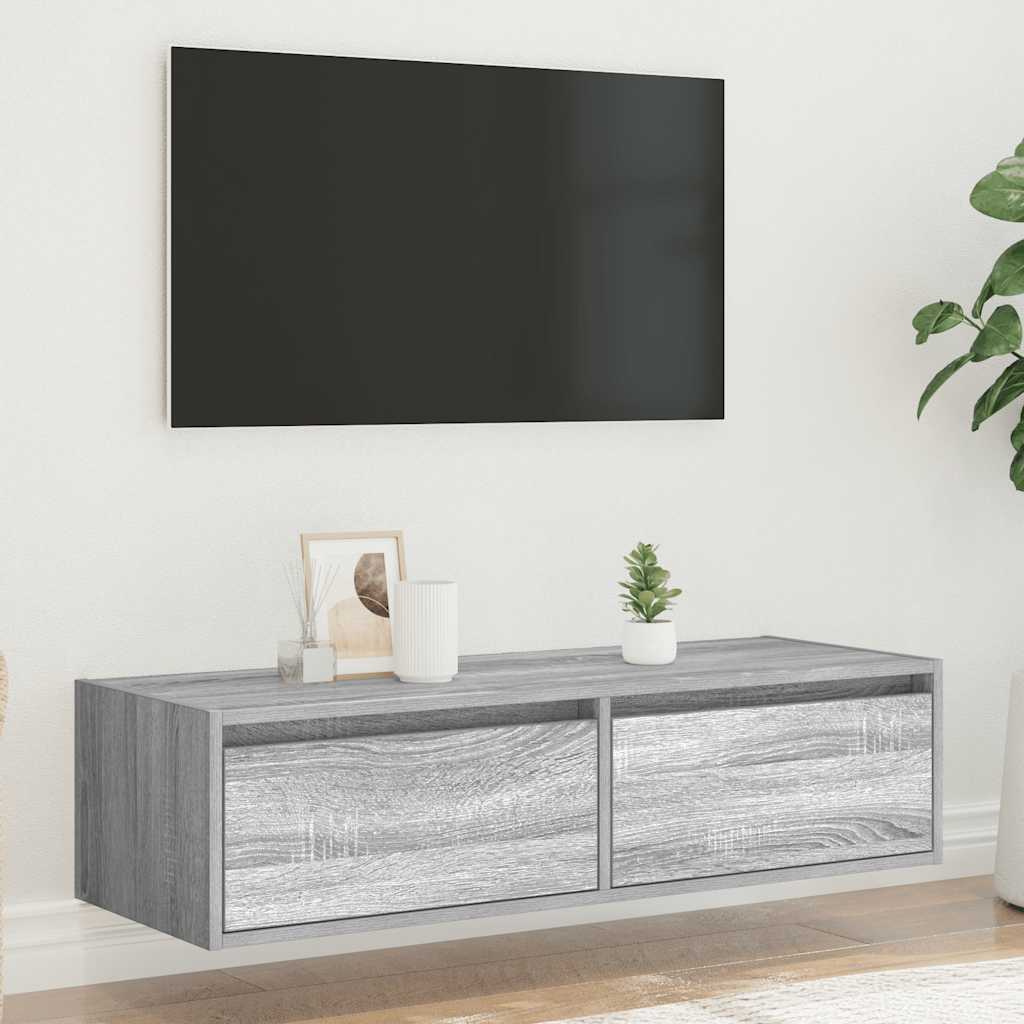 Televizoriaus spintelė su LED, pilka ąžuolo, 100X35,5x25 cm