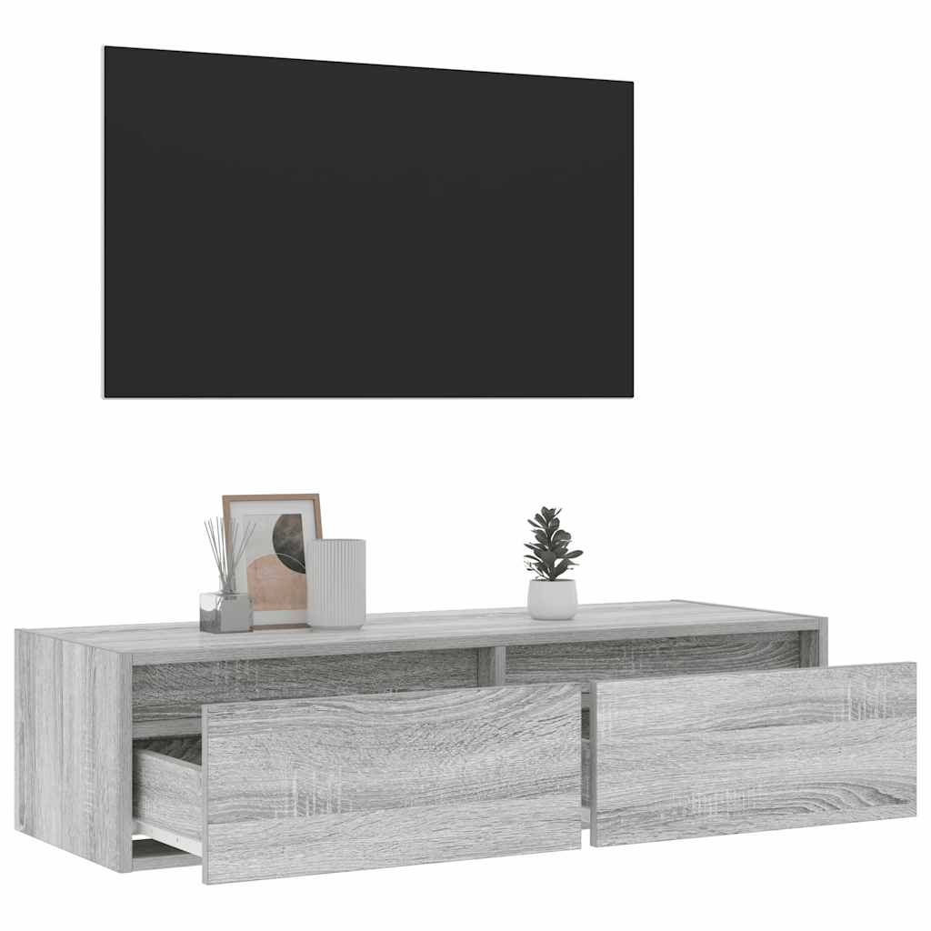 Televizoriaus spintelė su LED, pilka ąžuolo, 100X35,5x25 cm