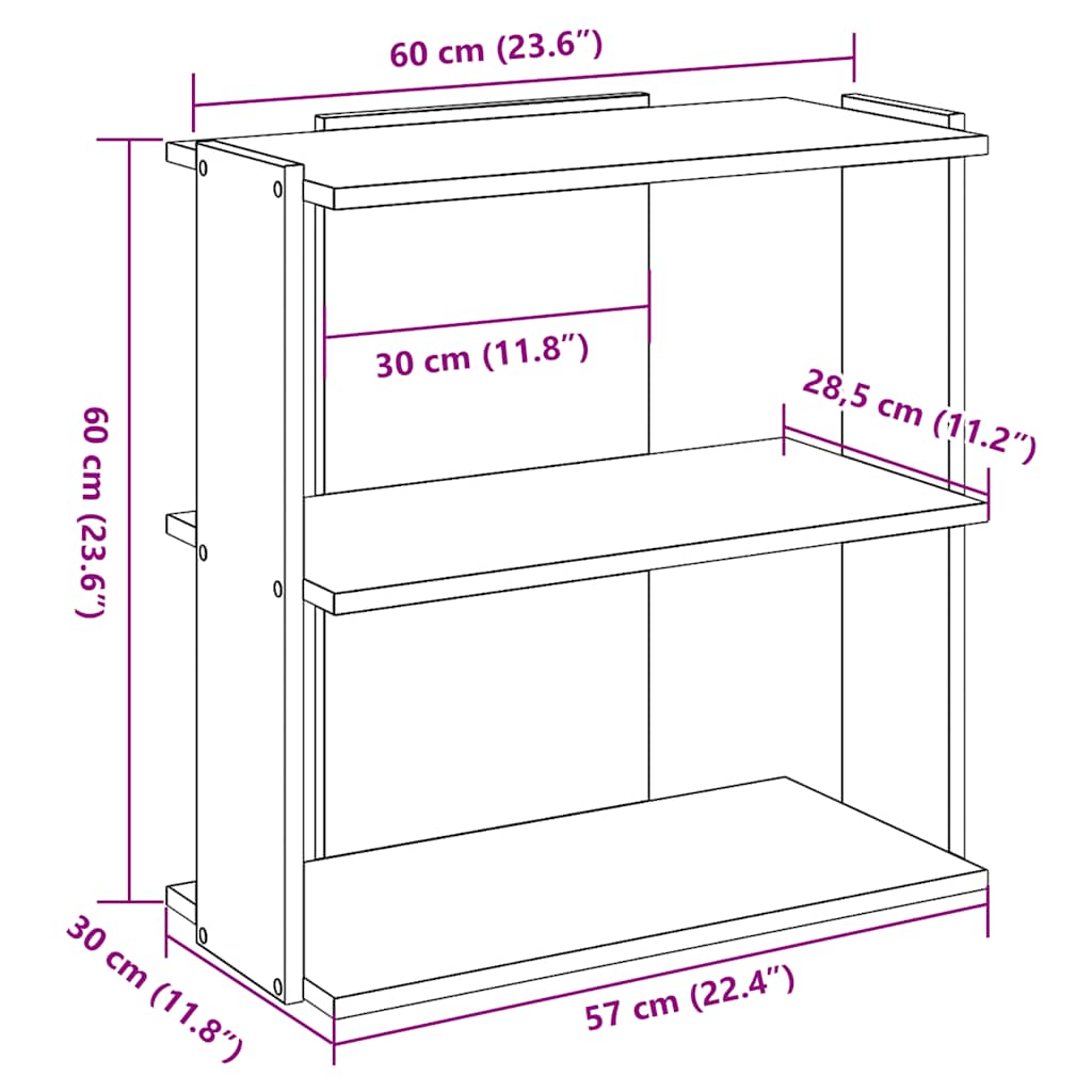 Grāmatu plaukts, 3 līmeņu, melns, 60x30x60 cm, apstrādāta koksne