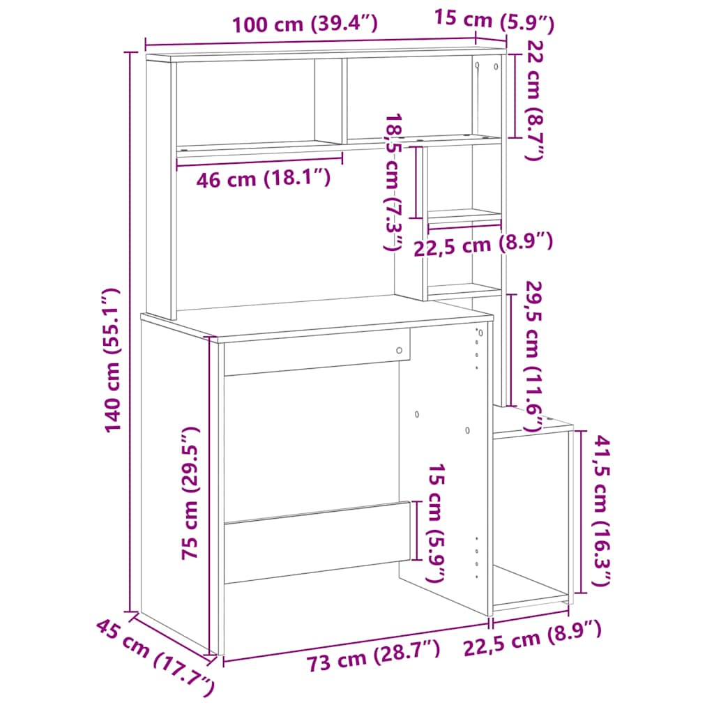 Desk with shelves, artisan, 100x45x140cm, wood