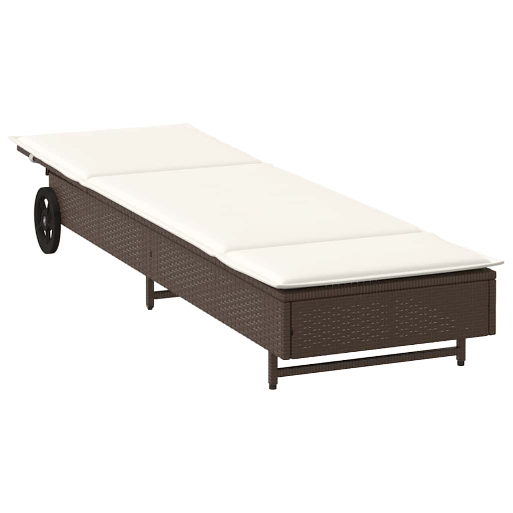 Sun lounger with wheels and cushion, poly rattan, brown