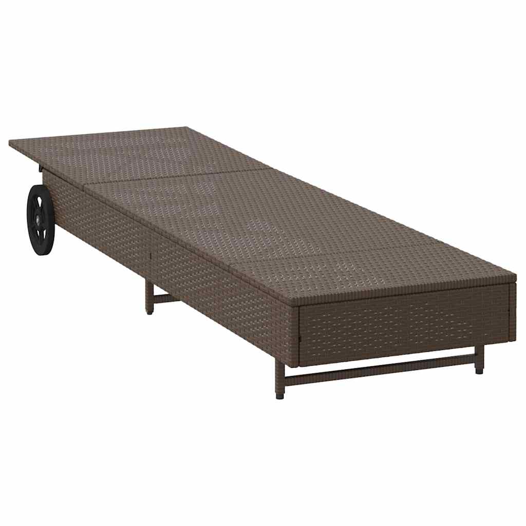 Sun lounger with wheels and cushion, poly rattan, brown