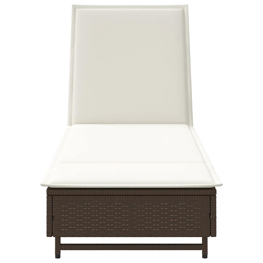 Sun lounger with wheels and cushion, poly rattan, brown