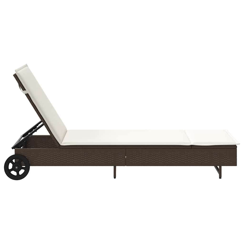 Sun lounger with wheels and cushion, poly rattan, brown
