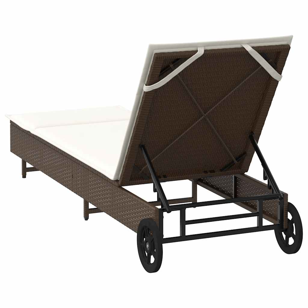 Sun lounger with wheels and cushion, poly rattan, brown