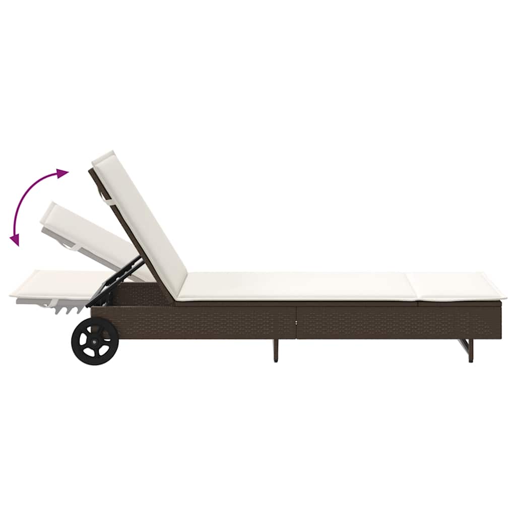 Sun lounger with wheels and cushion, poly rattan, brown