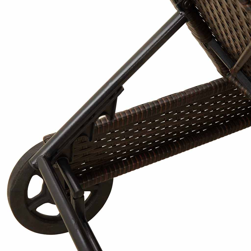 Sun lounger with wheels and cushion, poly rattan, brown