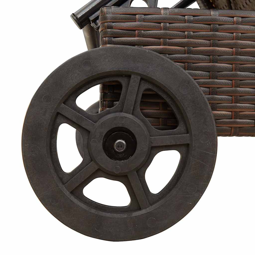 Sun lounger with wheels and cushion, poly rattan, brown