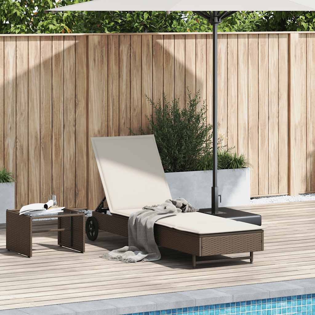 Sun lounger with wheels and cushion, poly rattan, brown