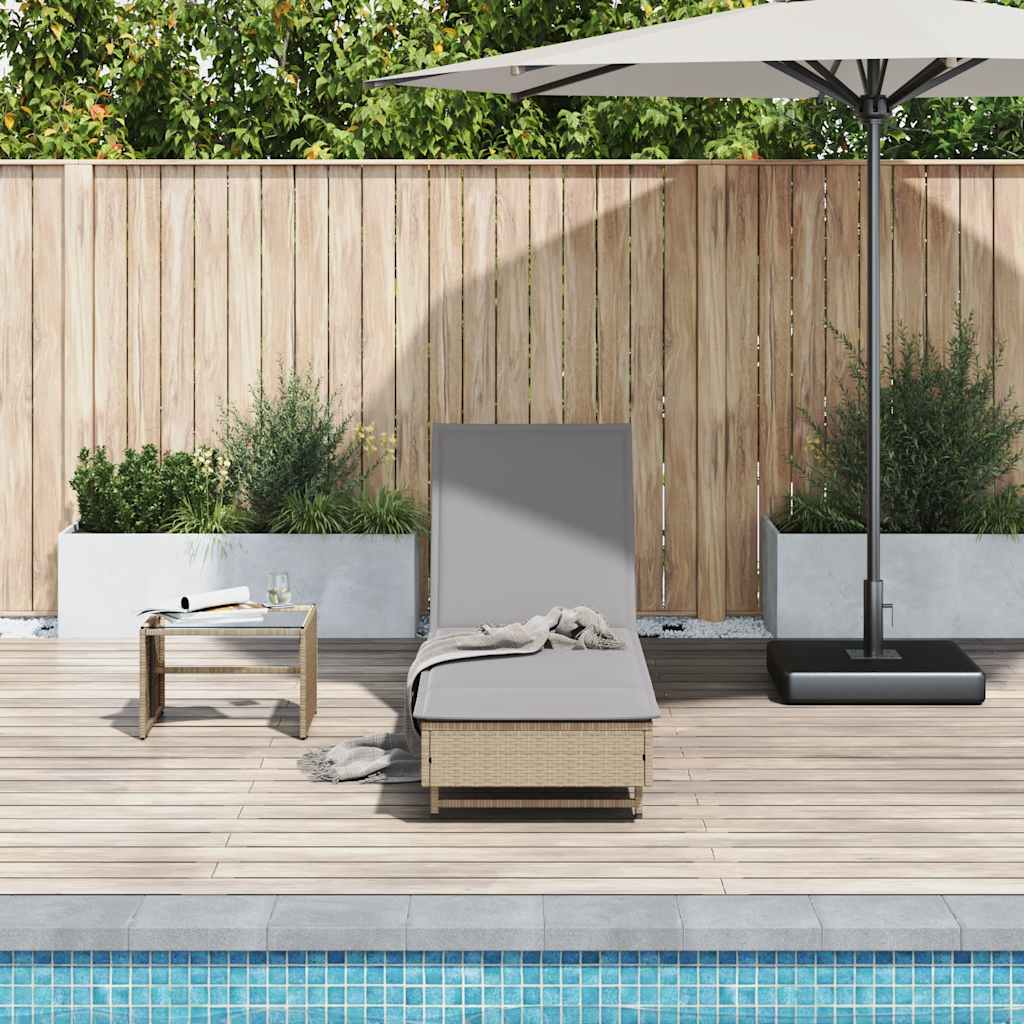 Sun lounger with wheels and mattress, sand, polyrattan