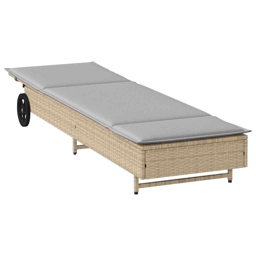 Sun lounger with wheels and mattress, sand, polyrattan