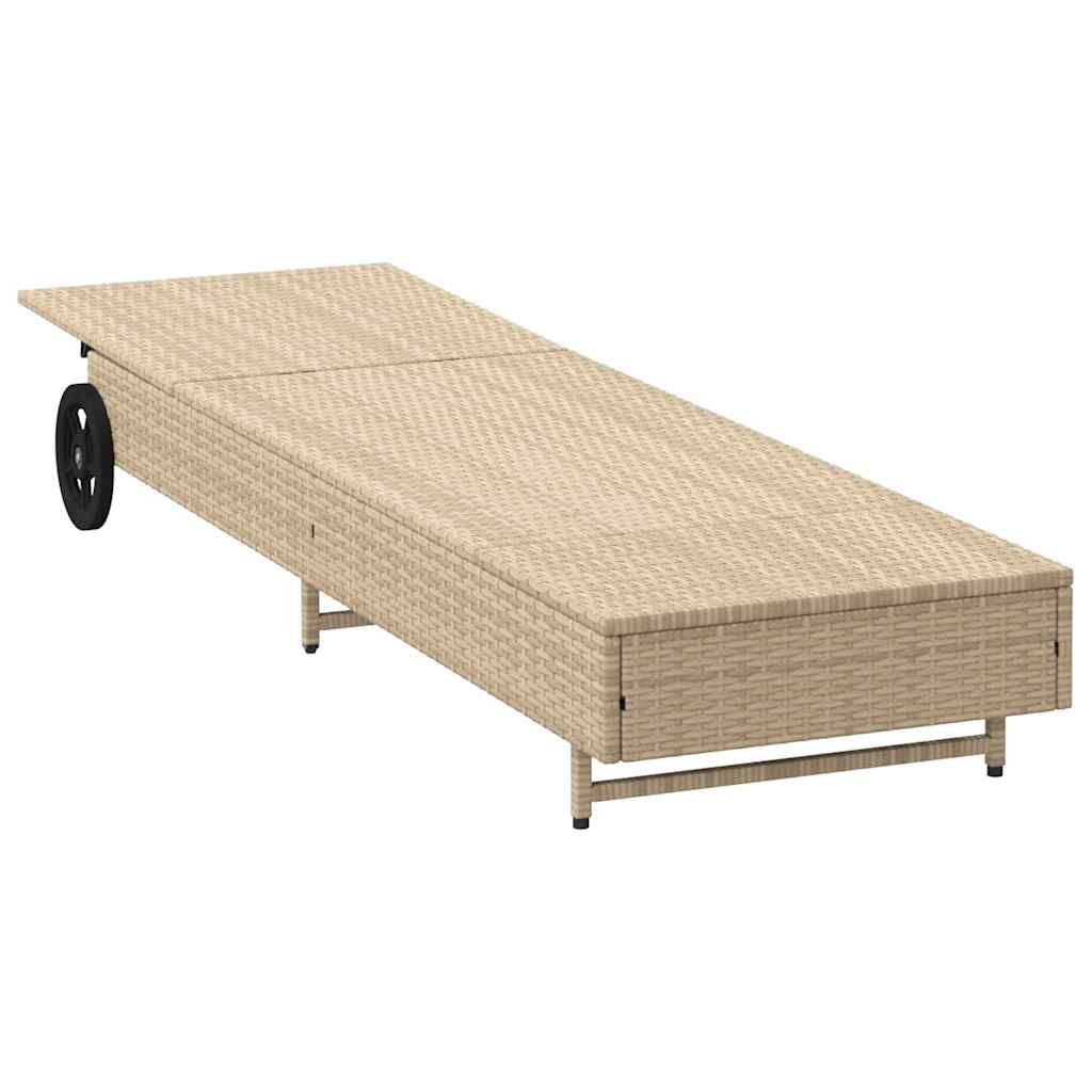 Sun lounger with wheels and mattress, sand, polyrattan