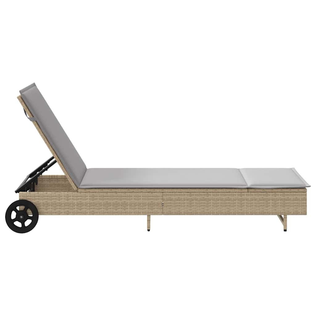 Sun lounger with wheels and mattress, sand, polyrattan