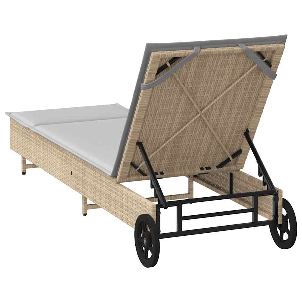 Sun lounger with wheels and mattress, sand, polyrattan