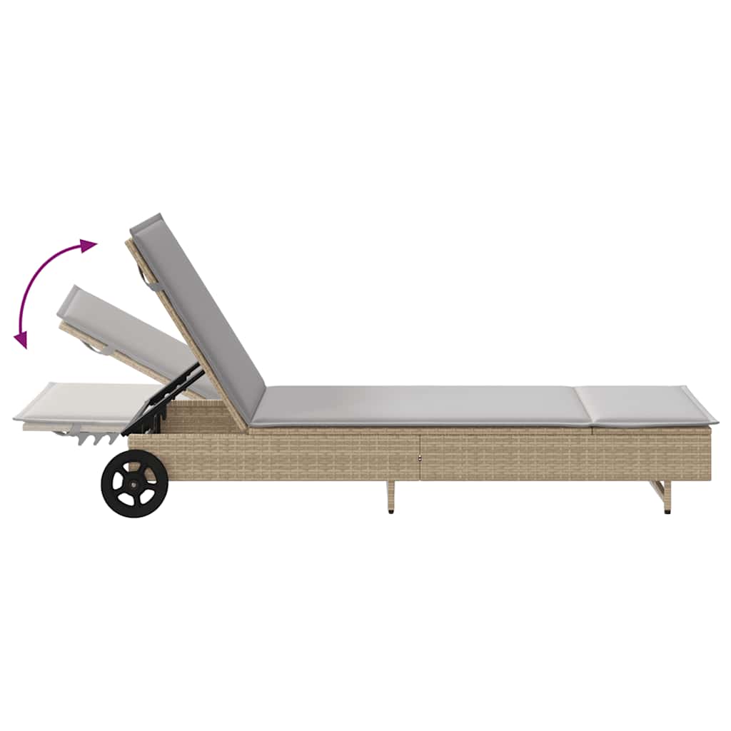 Sun lounger with wheels and mattress, sand, polyrattan