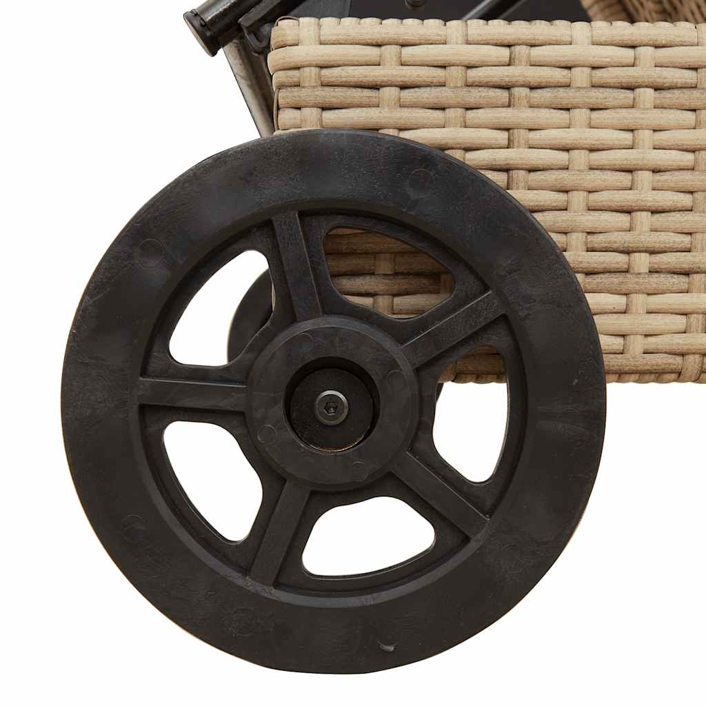 Sun lounger with wheels and mattress, sand, polyrattan