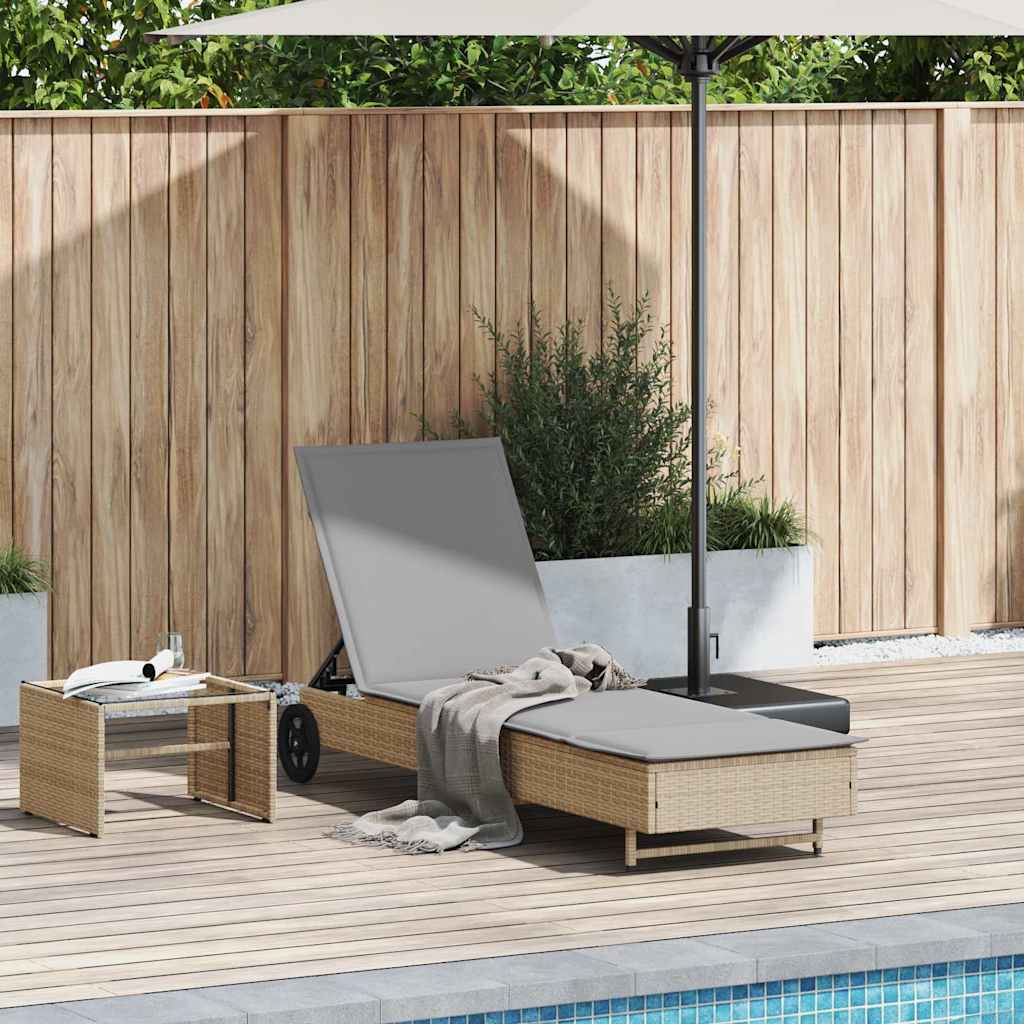 Sun lounger with wheels and mattress, sand, polyrattan