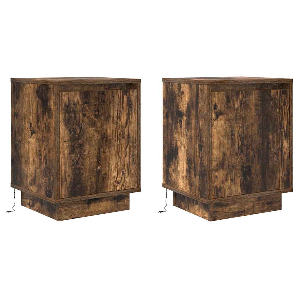 2 pcs Bedside cabinets with LED lights Smoked oak
