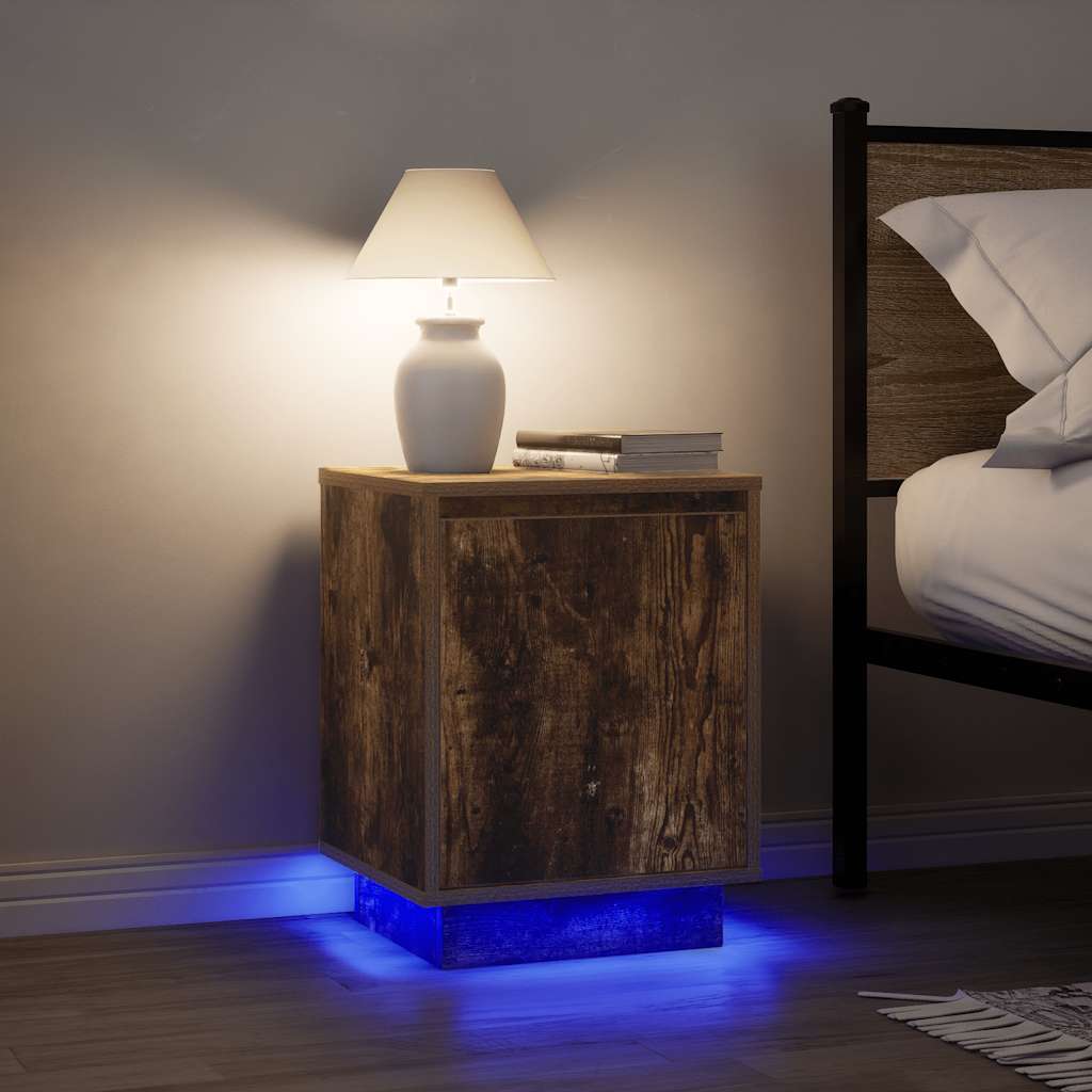 2 pcs Bedside cabinets with LED lights Smoked oak