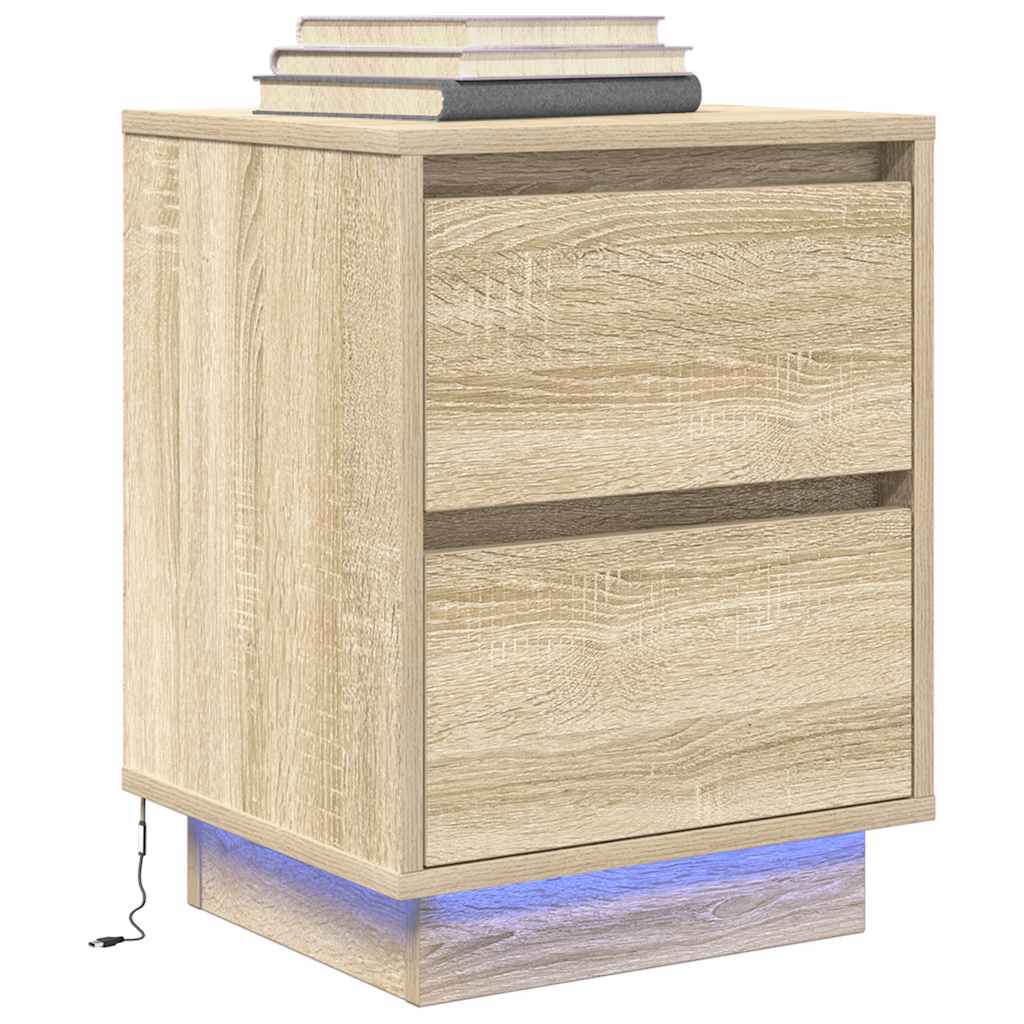 Spintelės prie lovos su LED lemputėmis 2 vnt Sonoma ąžuolas