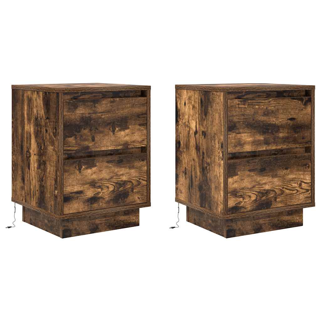 2 pcs Bedside cabinets with LED lights Smoked oak