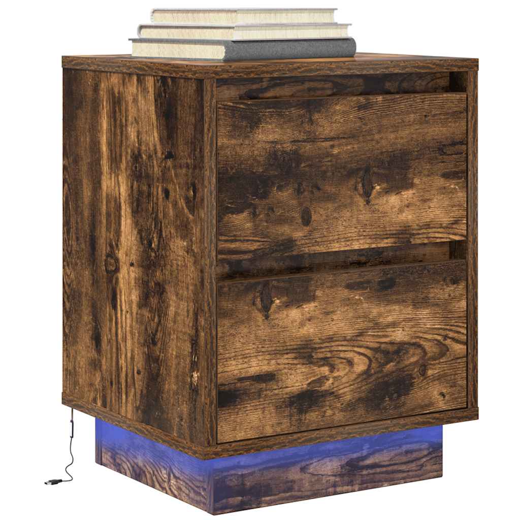 2 pcs Bedside cabinets with LED lights Smoked oak
