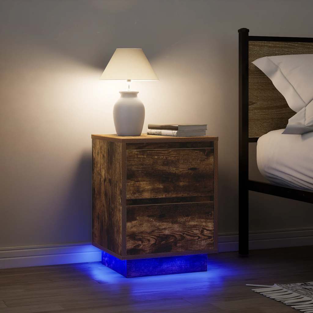 2 pcs Bedside cabinets with LED lights Smoked oak