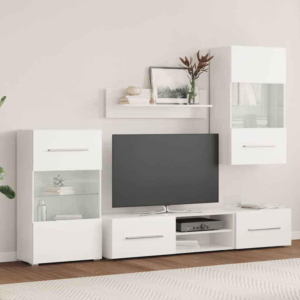 5 dalių televizoriaus spintelės su LED apšvietimu, matinės baltos spalvos, inžinerinė mediena